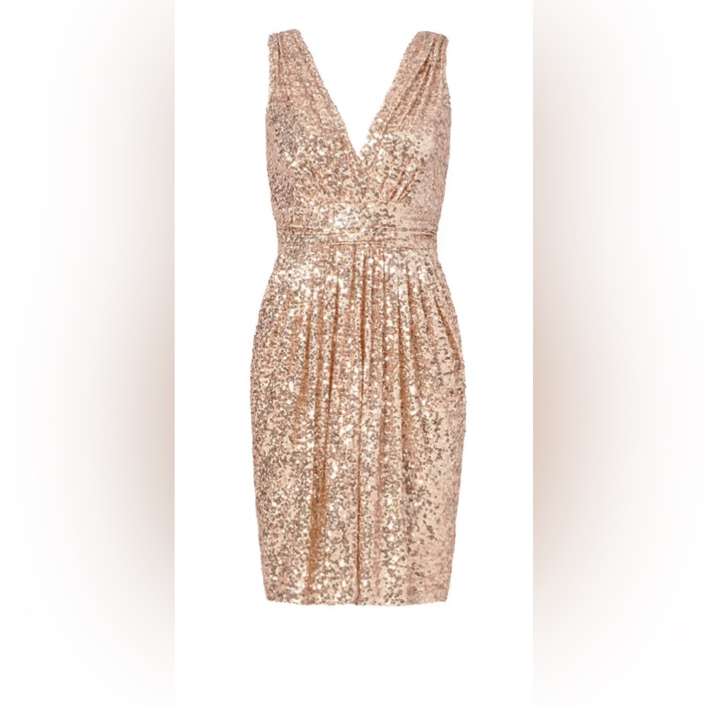 Badgley Mischka Blush sequins V neckline. Ruched waist glitzy and classic mini - Picture 4 of 16